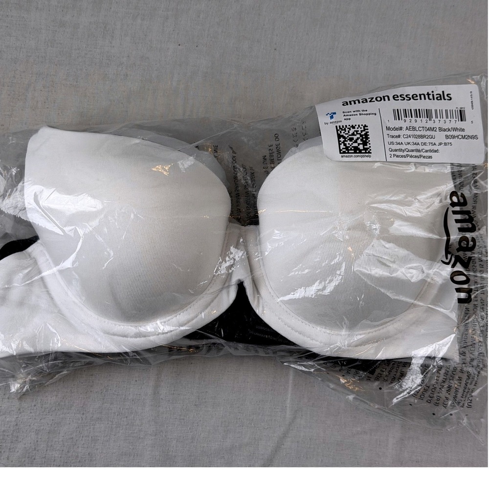 NWT 2 Amazon Essentials Womens 2 Pack Lightly Lined Demi Bra Black White 34A NEW